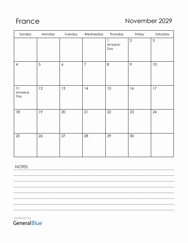 November 2029 France Calendar with Holidays (Sunday Start)