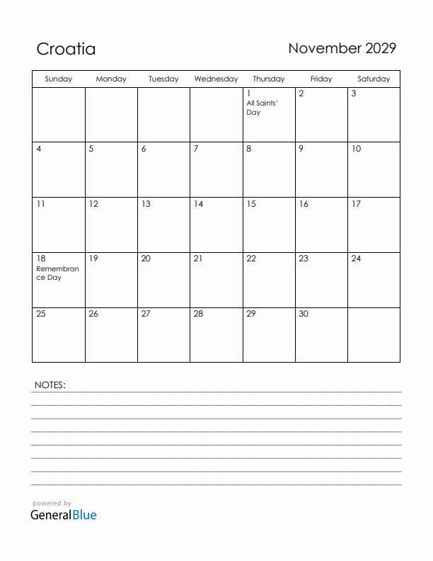 November 2029 Croatia Calendar with Holidays (Sunday Start)