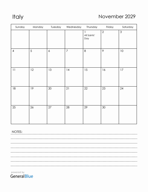 November 2029 Italy Calendar with Holidays (Sunday Start)