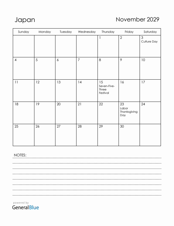 November 2029 Japan Calendar with Holidays (Sunday Start)