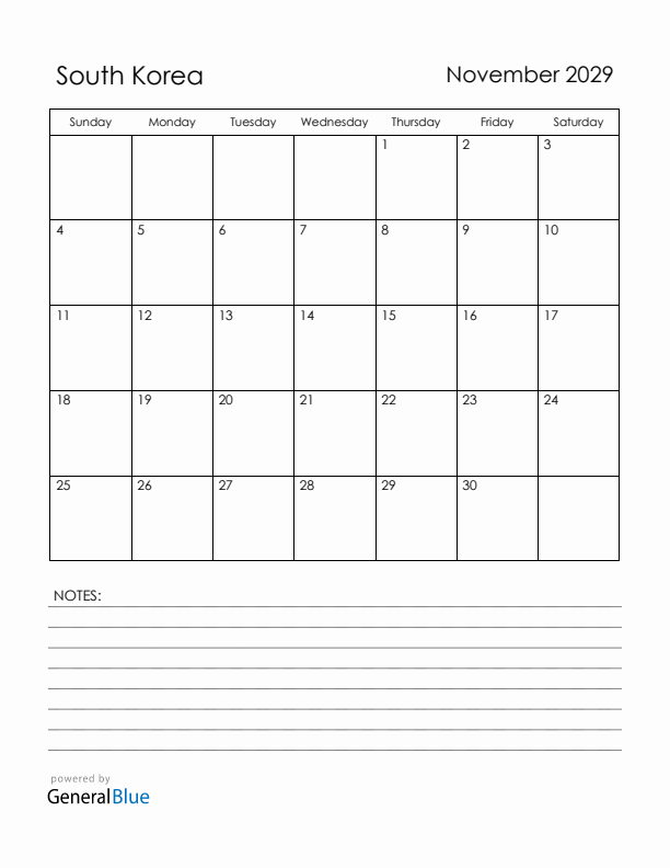 November 2029 South Korea Calendar with Holidays (Sunday Start)