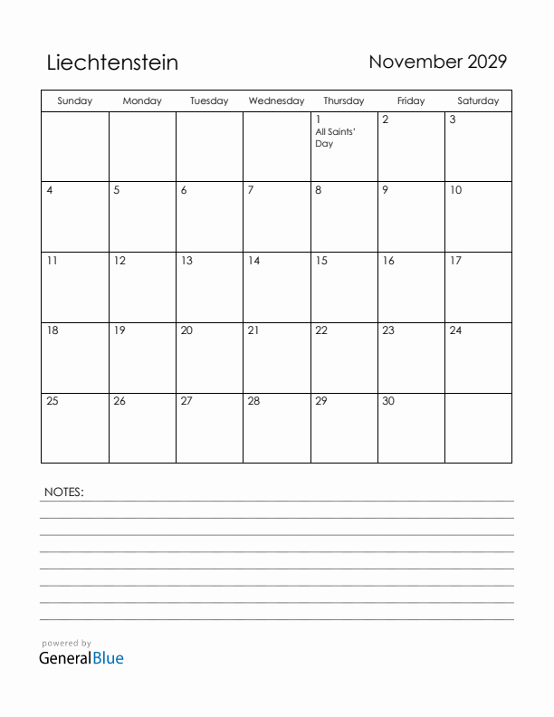 November 2029 Liechtenstein Calendar with Holidays (Sunday Start)