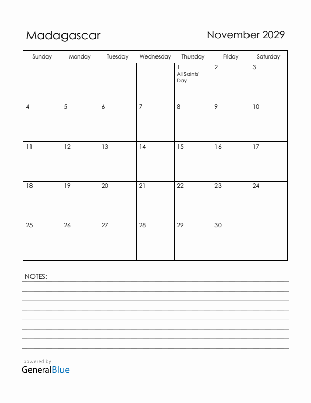 November 2029 Madagascar Calendar with Holidays (Sunday Start)