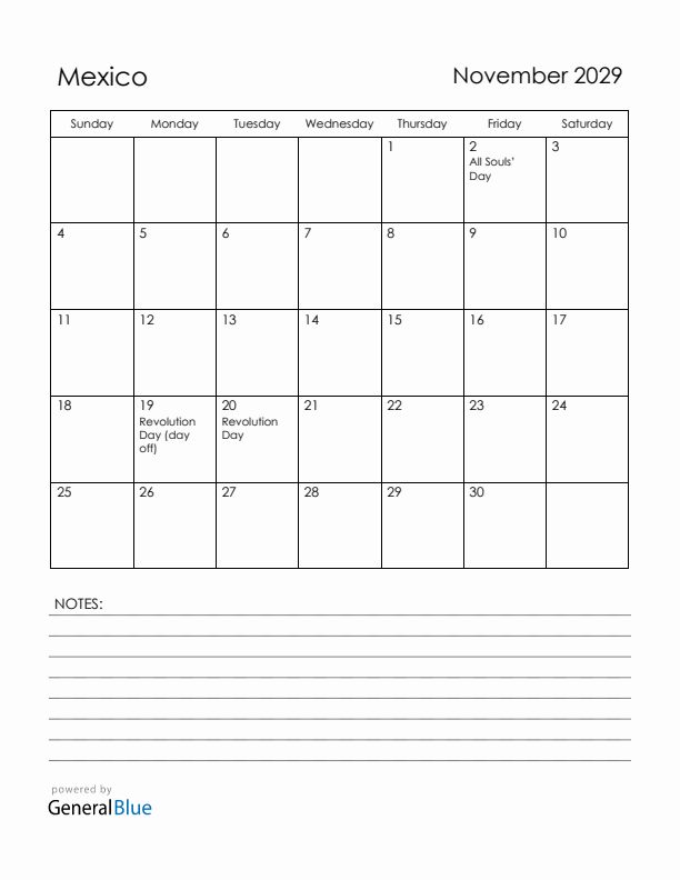 November 2029 Mexico Calendar with Holidays (Sunday Start)