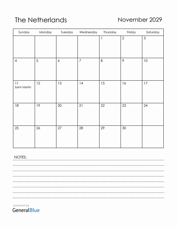 November 2029 The Netherlands Calendar with Holidays (Sunday Start)
