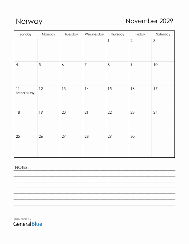 November 2029 Norway Calendar with Holidays (Sunday Start)