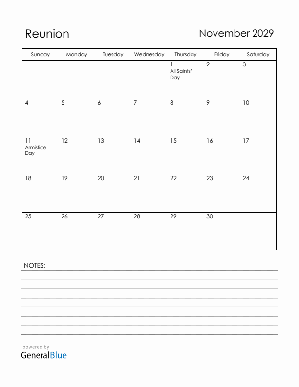 November 2029 Reunion Calendar with Holidays (Sunday Start)