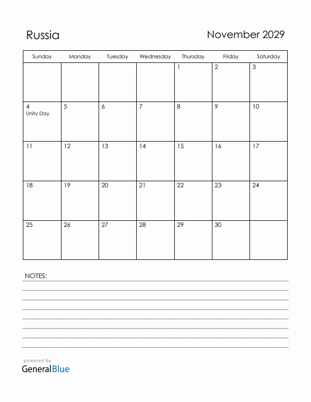 November 2029 Russia Calendar with Holidays (Sunday Start)