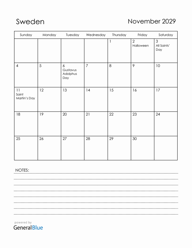 November 2029 Sweden Calendar with Holidays (Sunday Start)