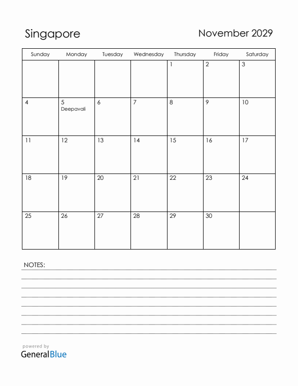 November 2029 Singapore Calendar with Holidays (Sunday Start)