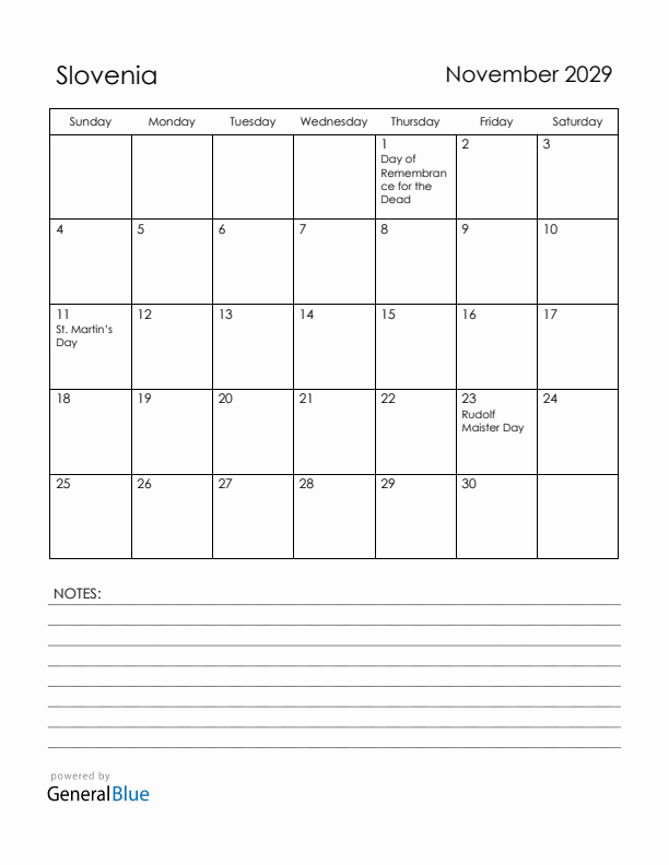 November 2029 Slovenia Calendar with Holidays (Sunday Start)