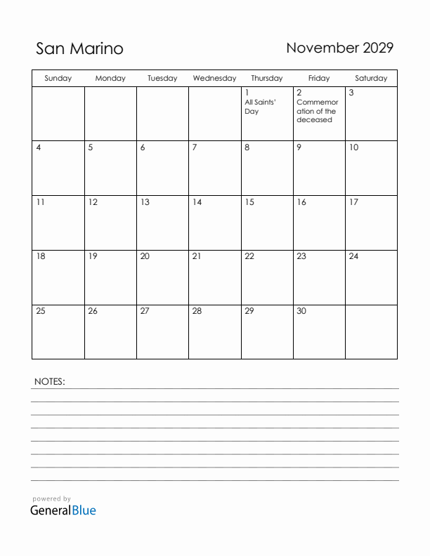 November 2029 San Marino Calendar with Holidays (Sunday Start)