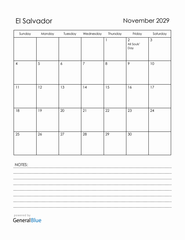 November 2029 El Salvador Calendar with Holidays (Sunday Start)