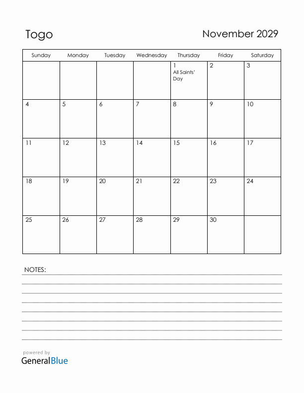 November 2029 Togo Calendar with Holidays (Sunday Start)