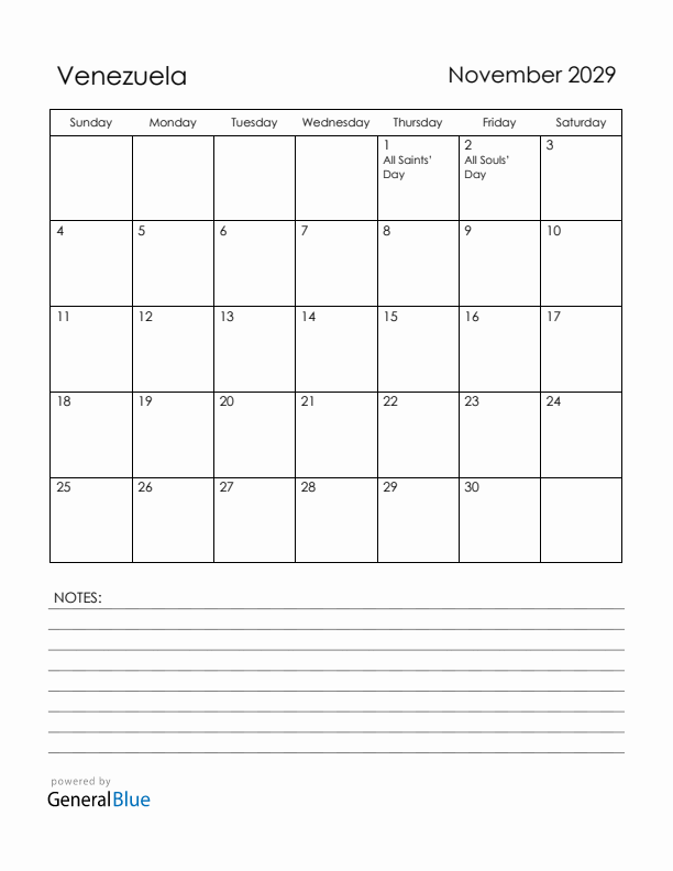 November 2029 Venezuela Calendar with Holidays (Sunday Start)