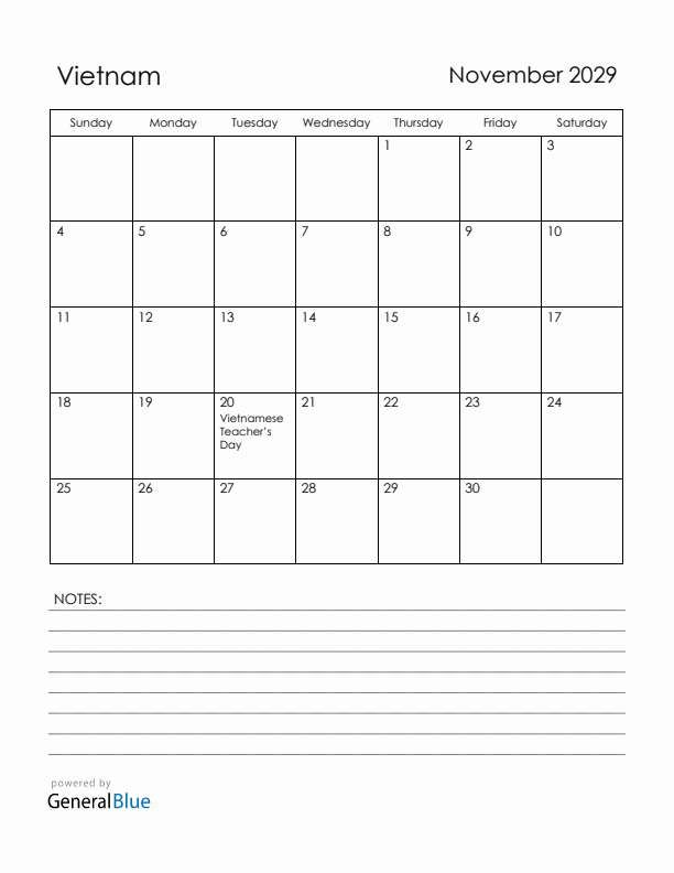 November 2029 Vietnam Calendar with Holidays (Sunday Start)