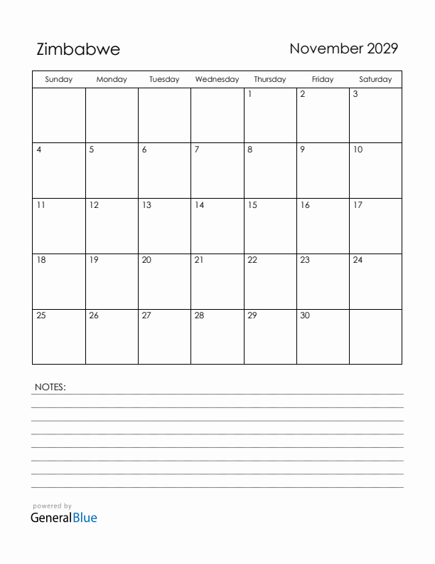 November 2029 Zimbabwe Calendar with Holidays (Sunday Start)