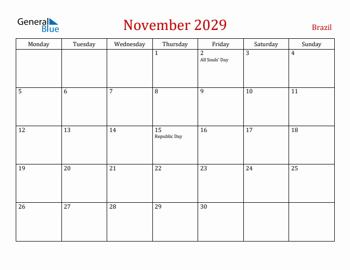 Brazil November 2029 Calendar - Monday Start