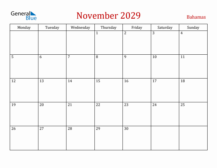 Bahamas November 2029 Calendar - Monday Start