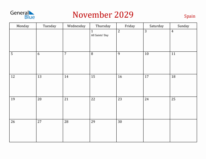 Spain November 2029 Calendar - Monday Start