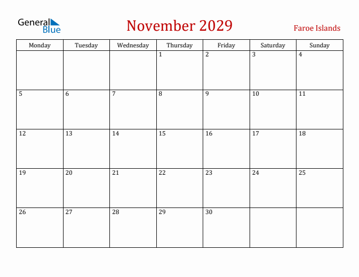 Faroe Islands November 2029 Calendar - Monday Start