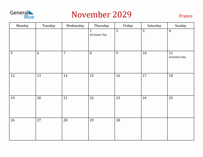 France November 2029 Calendar - Monday Start