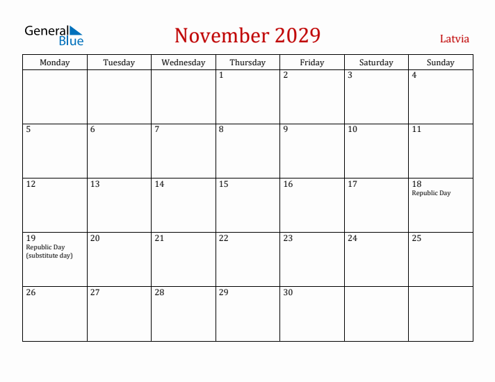 Latvia November 2029 Calendar - Monday Start