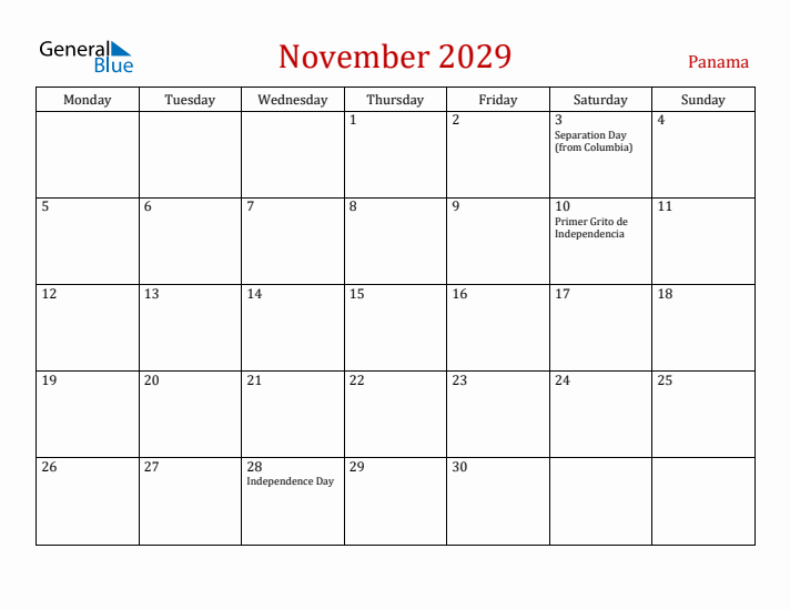 Panama November 2029 Calendar - Monday Start