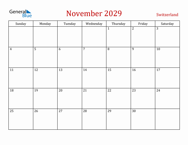 Switzerland November 2029 Calendar - Sunday Start