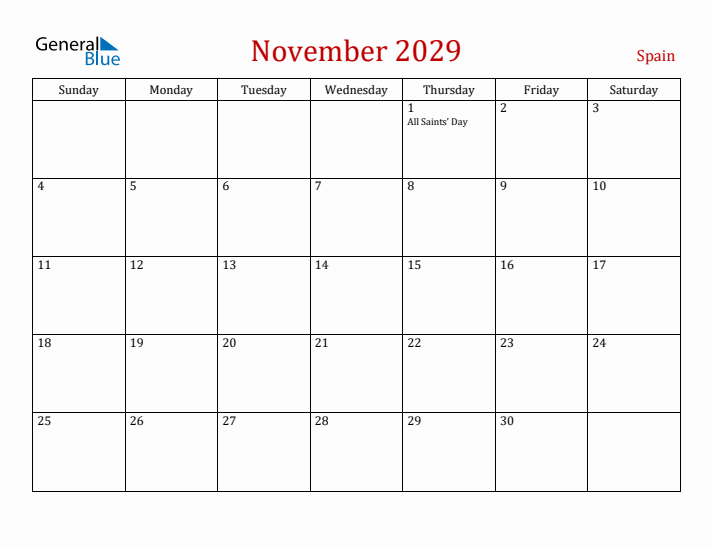 Spain November 2029 Calendar - Sunday Start