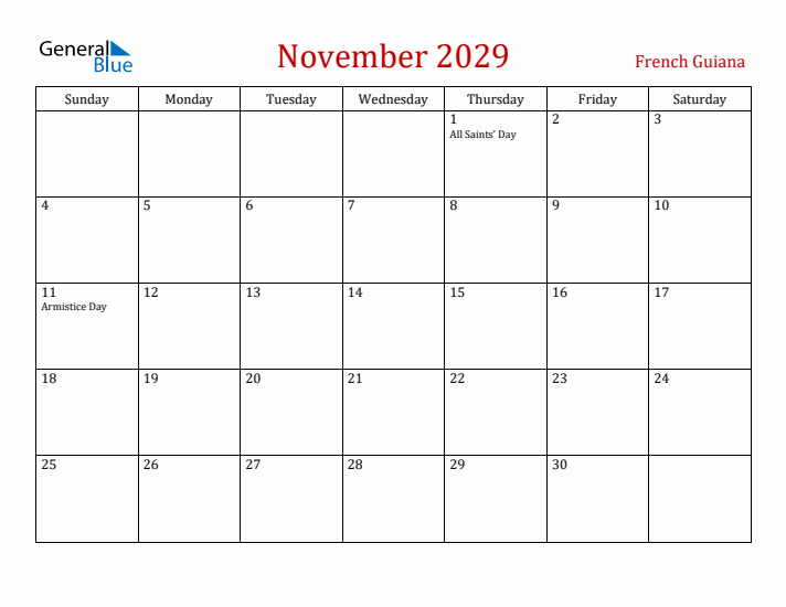 French Guiana November 2029 Calendar - Sunday Start