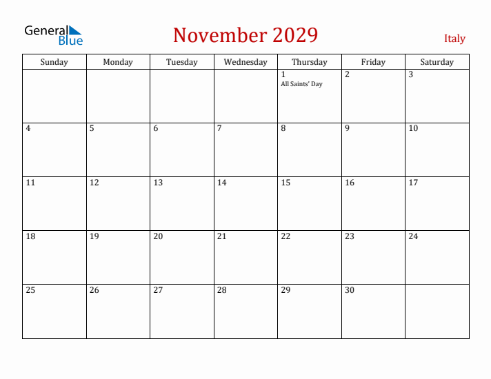 Italy November 2029 Calendar - Sunday Start