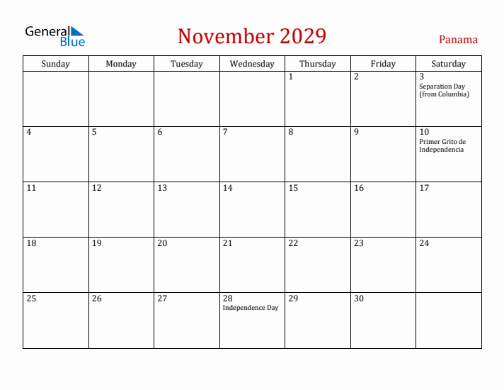 Panama November 2029 Calendar - Sunday Start