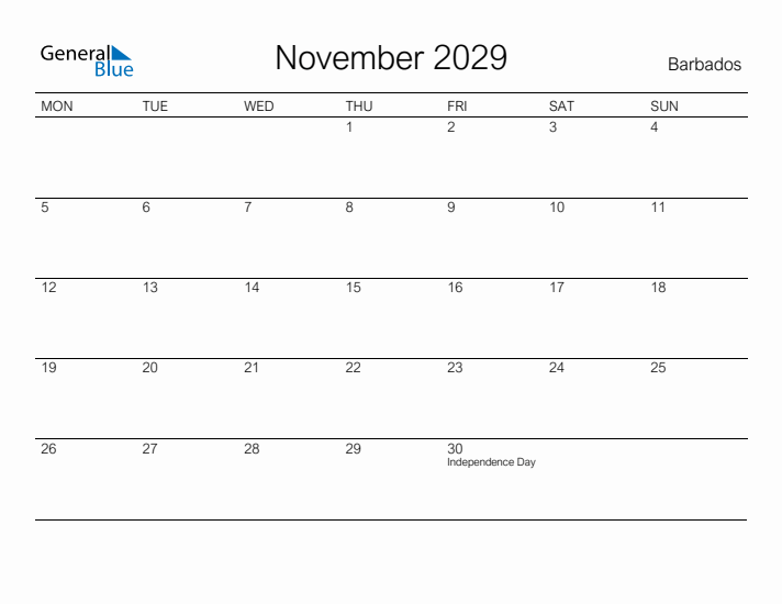 Printable November 2029 Calendar for Barbados