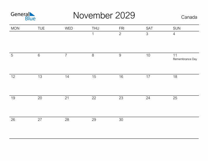 Printable November 2029 Calendar for Canada