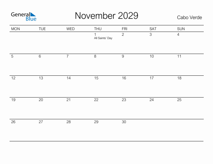 Printable November 2029 Calendar for Cabo Verde