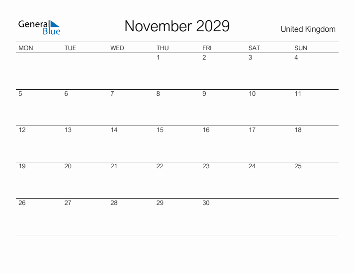 Printable November 2029 Calendar for United Kingdom