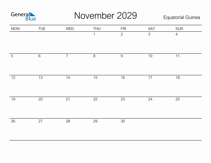 Printable November 2029 Calendar for Equatorial Guinea