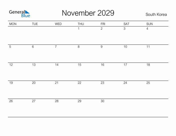 Printable November 2029 Calendar for South Korea