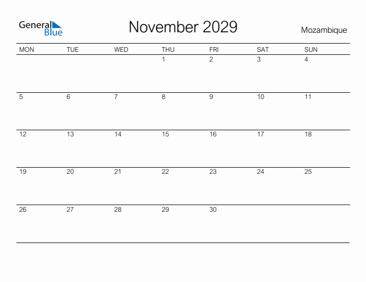 Printable November 2029 Calendar for Mozambique