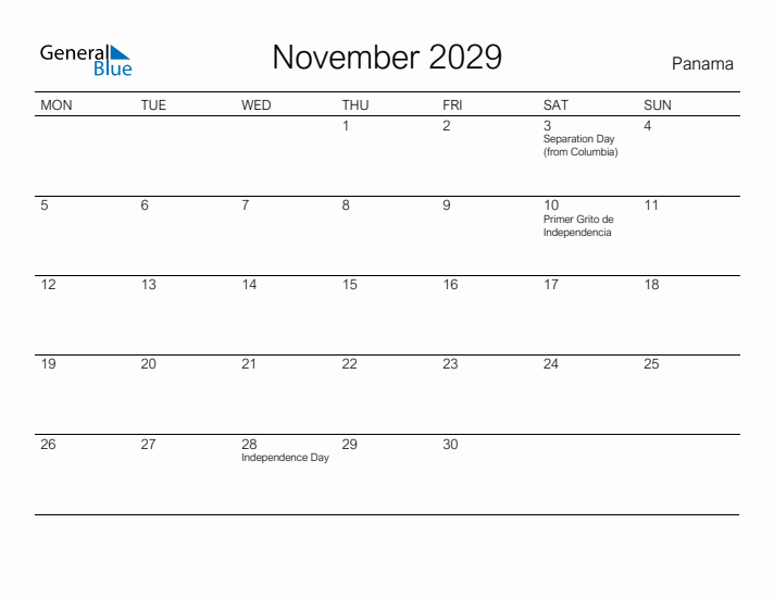 Printable November 2029 Calendar for Panama