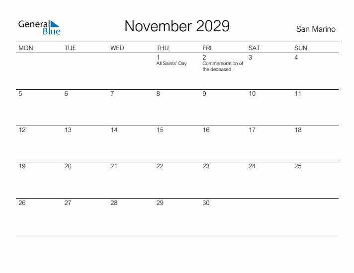 Printable November 2029 Calendar for San Marino