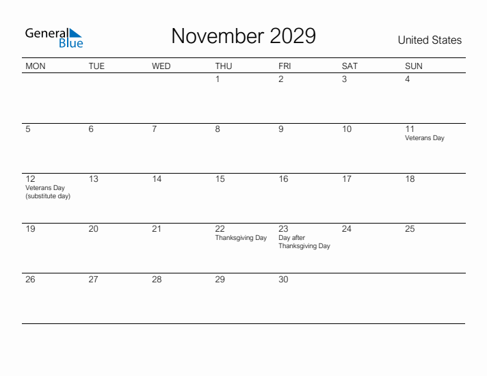 Printable November 2029 Calendar for United States