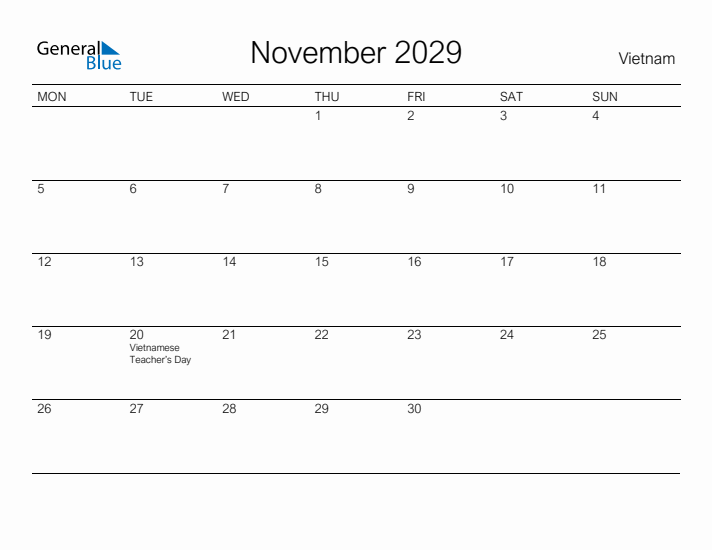 Printable November 2029 Calendar for Vietnam