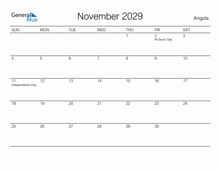 Printable November 2029 Calendar for Angola