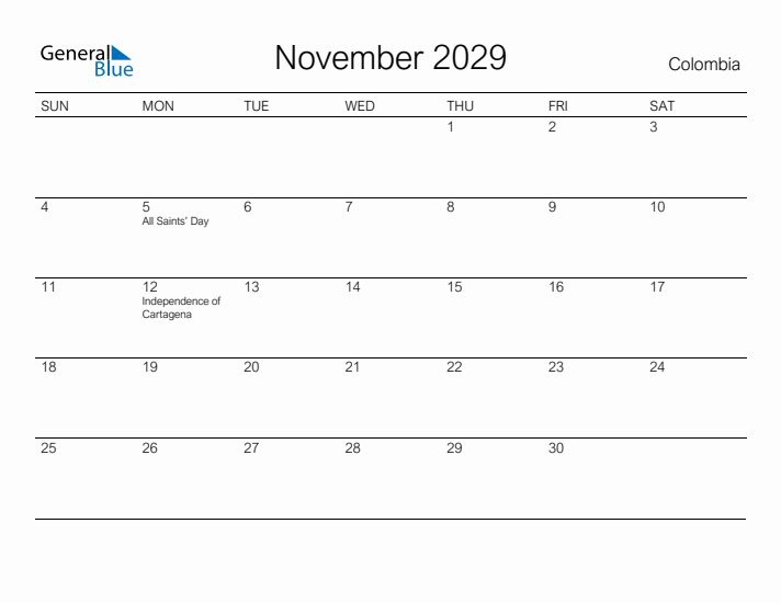 Printable November 2029 Calendar for Colombia