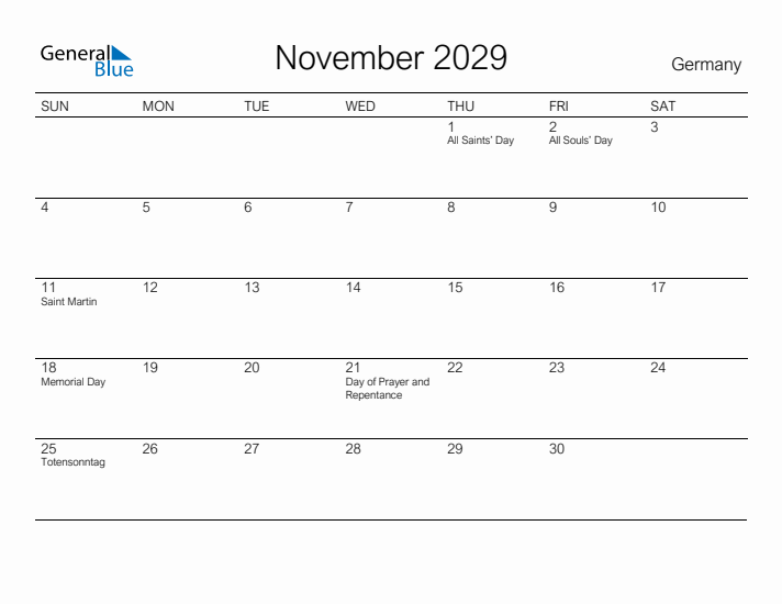 Printable November 2029 Calendar for Germany