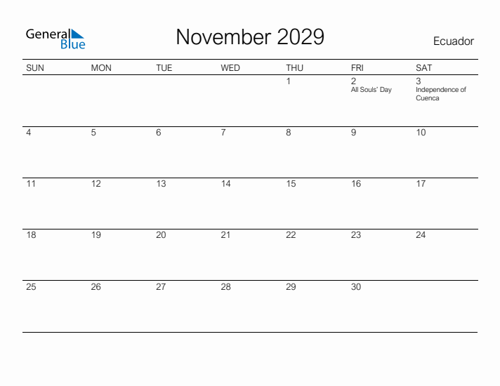 Printable November 2029 Calendar for Ecuador