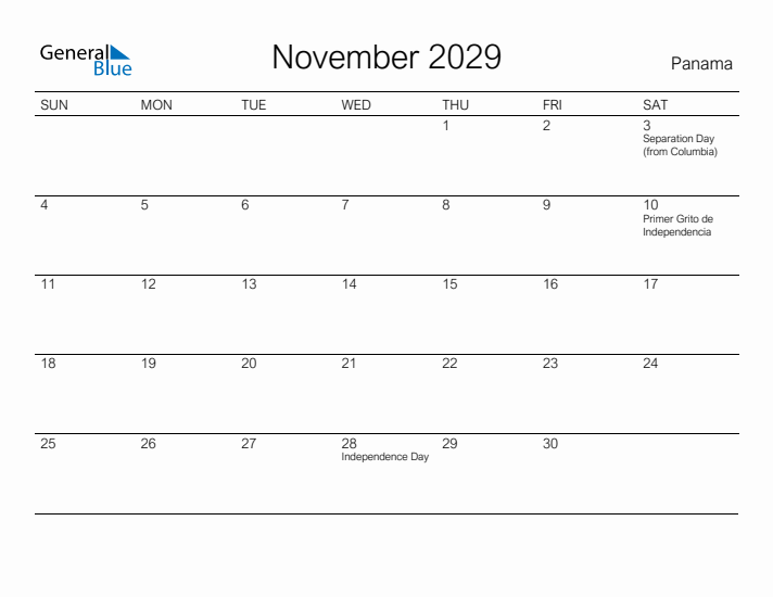 Printable November 2029 Calendar for Panama