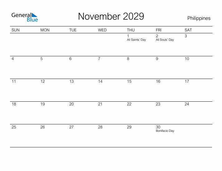 Printable November 2029 Calendar for Philippines